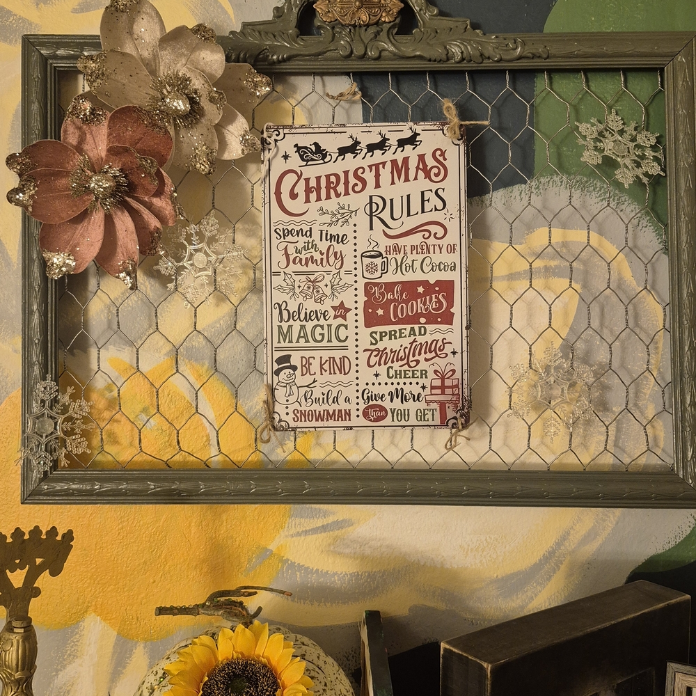 Christmas Rules Wall Decor with Floral Accents